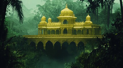 Fantasy illustration of a forgotten golden temple, mystical and ancient, surrounded by lush rainforest.