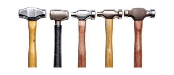 Five distinct professional hammers, showcasing varied metal heads and handle types, are aligned vertically and isolated on a solid white.