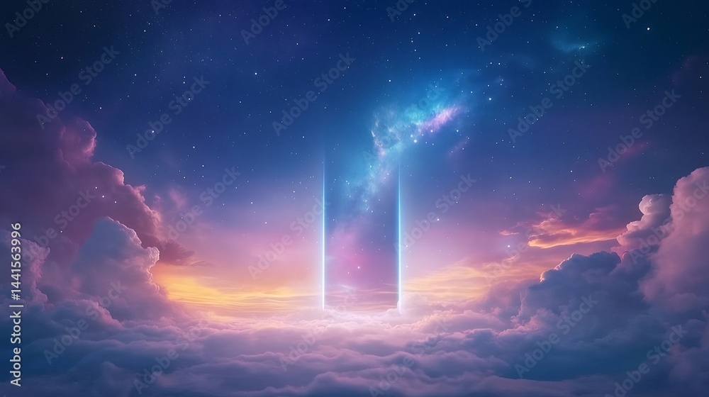 Poster 夜空に浮かぶ光の柱と雲海 広がる星空と幻想的な風景 鮮やかなピンクと紫の色彩が織りなす美しい背景