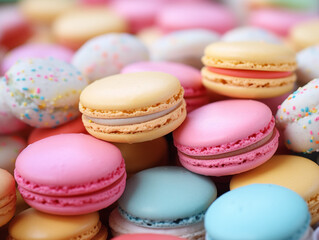 close-up view of various macarons, which are delicate French pastries known for their smooth, crisp shells and creamy fillings. The macarons in the image are arranged in a vibrant assortment