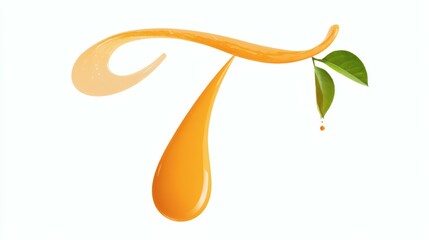 Orange Juice Liquid Swirl with Green Leaves and Dripping Drop on White Background
