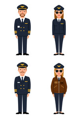 A colorful flat design set of four diverse pilots—two men, two women—wearing unique uniforms, standing confidently on a plain white background.