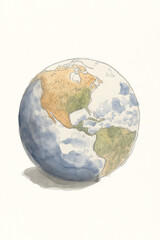 Fototapeta premium hand-drawn, watercolor illustration of the Earth. It features a globe with visible continents, including North America, South America, and parts of Asia.