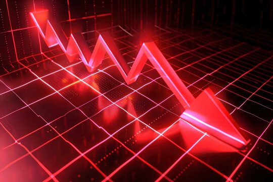 glowing red downward zigzag arrow on grid surface representing decline or decrease in a digital futuristic environment