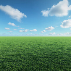 Fototapeta premium 3D rendering of a vast, manicured green grass field under a clear blue sky. The scene is set in a natural environment with lush trees lining the horizon.