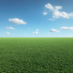 3D rendering of a vast, manicured green grass field under a clear blue sky. The scene is set in a natural environment with lush trees lining the horizon.