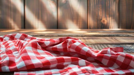 Obraz premium Red and white checkered fabric casually spread on a rustic wooden surface with warm sunlight casting soft shadows, creating a cozy and inviting atmosphere
