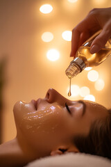 A woman lies on her back wearing a face mask while an aesthetician pours facial serum above her. Soft lighting and warm tones create a relaxing spa atmosphere.