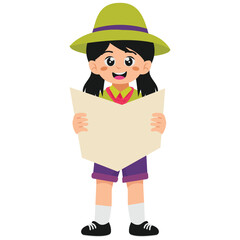 Kids Adventure Illustration. Vector illustration of Happy Scout Girl with a Map. Isolated on background
