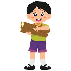 Kids Adventure Illustration. Vector illustration of Scout Boy Carrying Firewood. Isolated on background