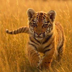 Obraz premium A curious tiger cub playing in a field of tall golden grass, sunlight creating a warm, dreamy atmosphere. Create an ultra-realistic photo, upscale to 5MB, export in JPEG format.