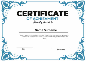 Premium Certificate with blue vintage ornaments Editable Vector Template