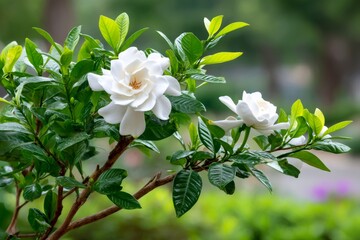 Fototapeta premium Gardenia flowers blooming on a bush in a summer garden