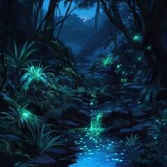 Enchanted Forest with Bioluminescent Plants and Calm Stream at Night
