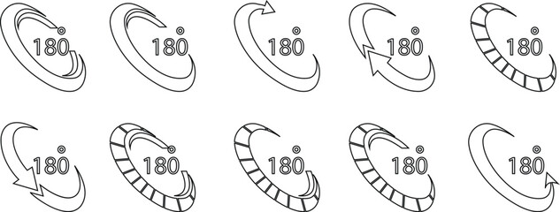 Angle 180 degrees icon set Rotation Degree icons Flat vector, geometric mathematical angle radian of 180 rotation arrow symbol, isolated on transparent background, used for mobile app, web page or ui
