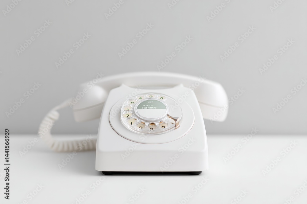 Poster retro rotary phone on white table with copy space minimalistic design emphasizes nostalgia and simpl