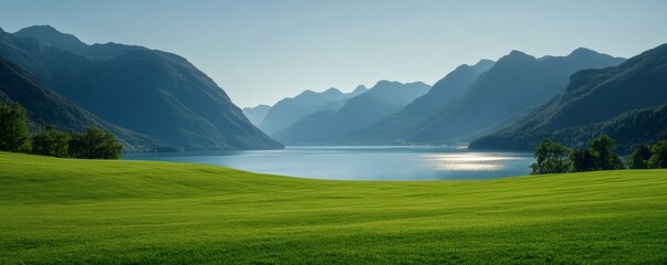 Serene lake landscape amongst towering mountains.