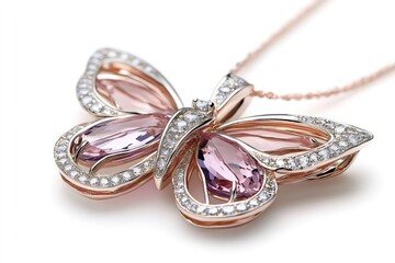 Naklejka premium Butterfly pendant necklace with pink gemstones and diamonds shining on white background