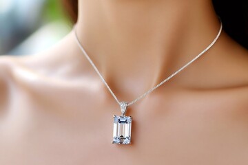 Elegant woman wearing luxury necklace with big clear gemstone pendant