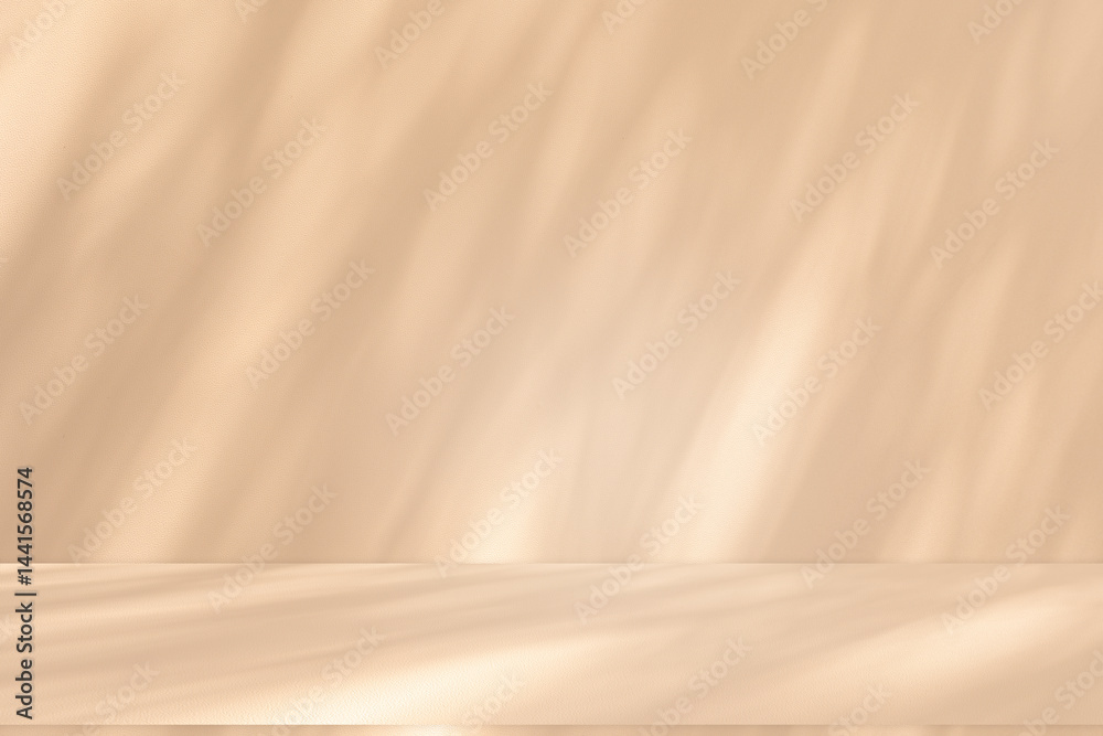 Poster wall interior background, studio and backdrops show products. with leaf shadow from window color bei