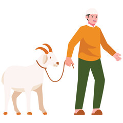 Eid Al-Adha. Vector illustration of A Muslim man is walking a goat with a rope, leading it for the Qurban ritual during Eid Al-Adha, representing devotion, duty, and religious responsibility.
