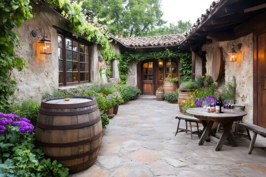 Charming patio of a winery with wine barrels and tasting table