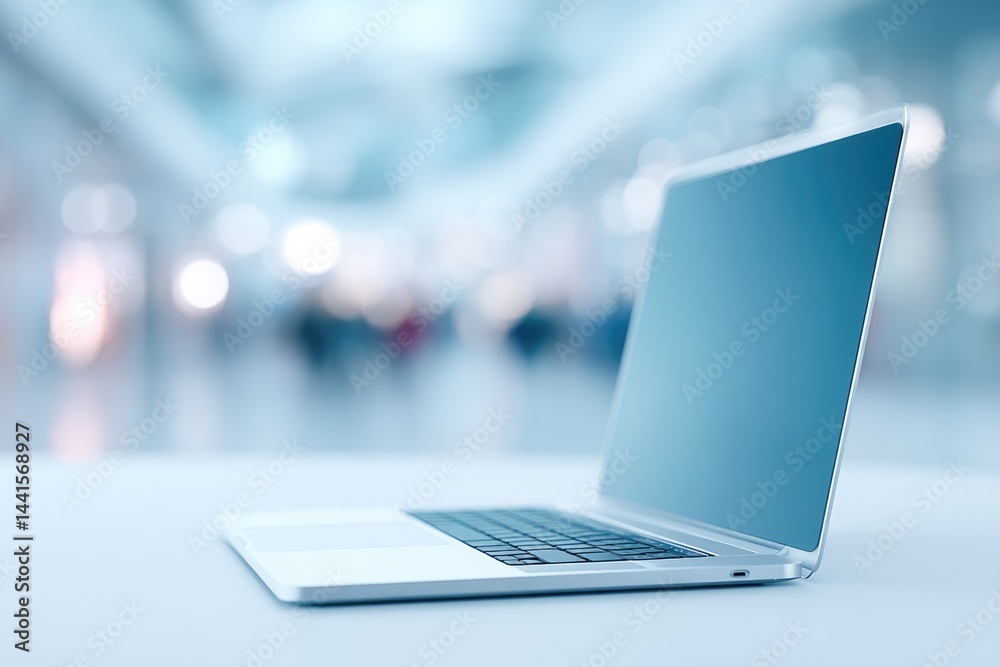 Poster blogger sits at sleek desk with blurred figures in background creating dynamic yet focused scene