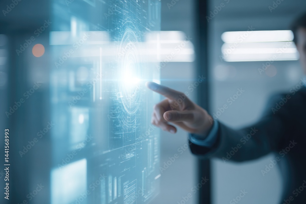 Aufkleber business professional engages with holographic ai interface displaying abstract data symbols and fut