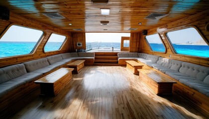 Fototapeta premium Spacious boat interior with wooden design.