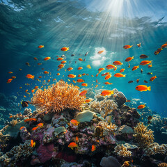 Fototapeta premium Underwater Shot of Colorful Coral Reef with Tropical Fish Swarm