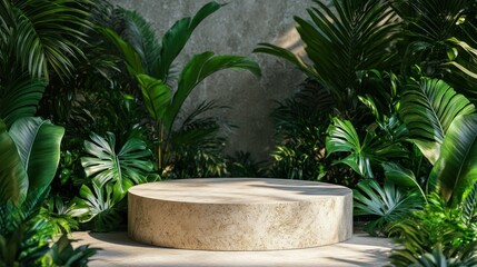 Round stone podium surrounded by lush tropical plants