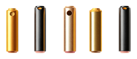 Electronic cigarette devices in various metallic finishes are isolated on a transparent background for a product marketing catalog.