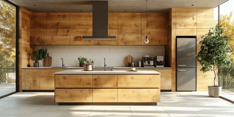 Modern light-filled kitchen with wood cabinetry.