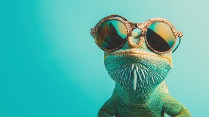 Funny party animal! A stylish chameleon with sunglasses, celebrating in a colorful pastel blue background, great for greeting cards.