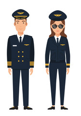 A colorful flat design set of four diverse pilots—two men, two women—wearing unique uniforms, standing confidently on a plain white background.