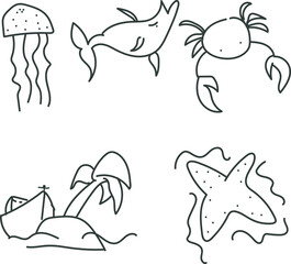 A set of icons or cartoon animals and objects on the theme of summer holidays. Among the creatures are a fish, a crab, a starfish and a jellyfish.