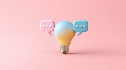 A pastel lightbulb with two speech bubbles on a pink background, symbolizing creative communication and ideas.