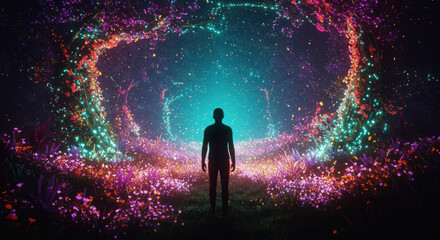 Person silhouette standing in glowing mystical fantasy landscape night.