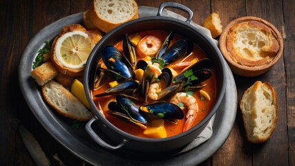 Gourmet seafood bouillabaisse with crusty bread and lemon slices