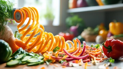 Colorful spiralized vegetables on a kitchen counter