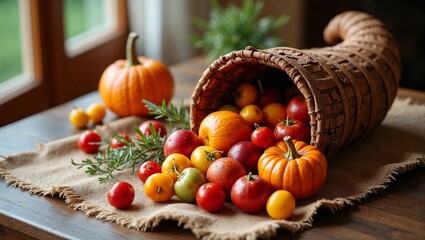 Cornucopia filled with colorful fruits and vegetables on a rustic table
