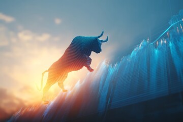 A bull market surge is depicted with vibrant blue graphs soaring in the glow of sunrise from an upward angle view.