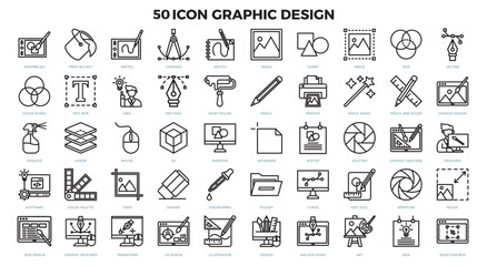 Set of vector icons illustrating various aspects of digital design, including software development, color palettes, web design, and graphic design. Perfect for use in presentations, websites, and mark