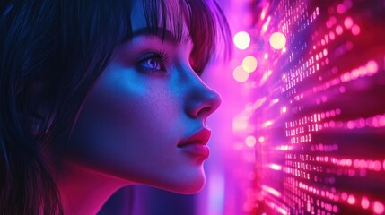 A woman gazes into a colorful digital world, illuminated by vibrant lights and patterns, reflecting depth and curiosity.