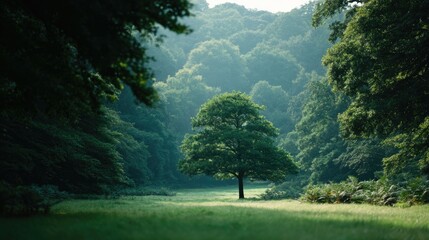 single tree stands alone amidst surrounding trees in forest emphasizing minimalistic beauty