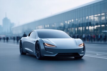 Obraz premium sleek futuristic electric vehicle quietly glides along expansive urban highway showcasing evolution of transport technologies