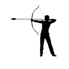 Archer aiming with bow, white isolate background