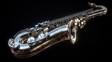 Obraz premium Shiny Silver Saxophone on a Dark Background, Perfect for Music Themes and Art Projects