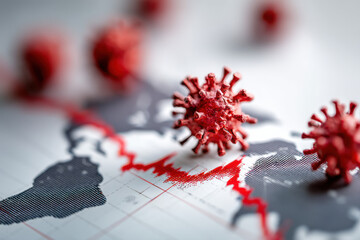 Global economic downturn during coronavirus pandemic with red stock chart overlay on world map