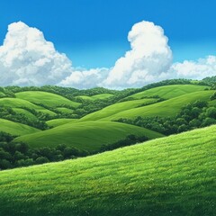 Fototapeta premium Scenic rolling green hills landscape with vibrant grass and lush trees under bright blue sky with fluffy clouds in the countryside